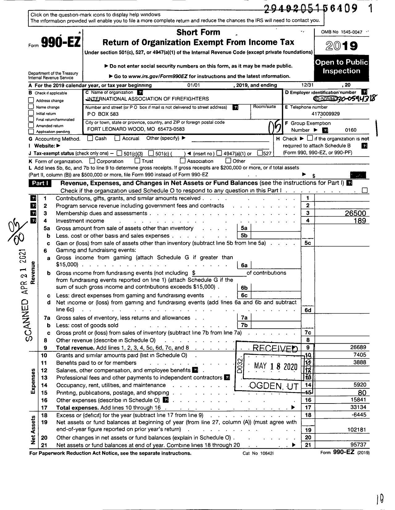 Image of first page of 2019 Form 990EO for International Association of Firefighters Fighters