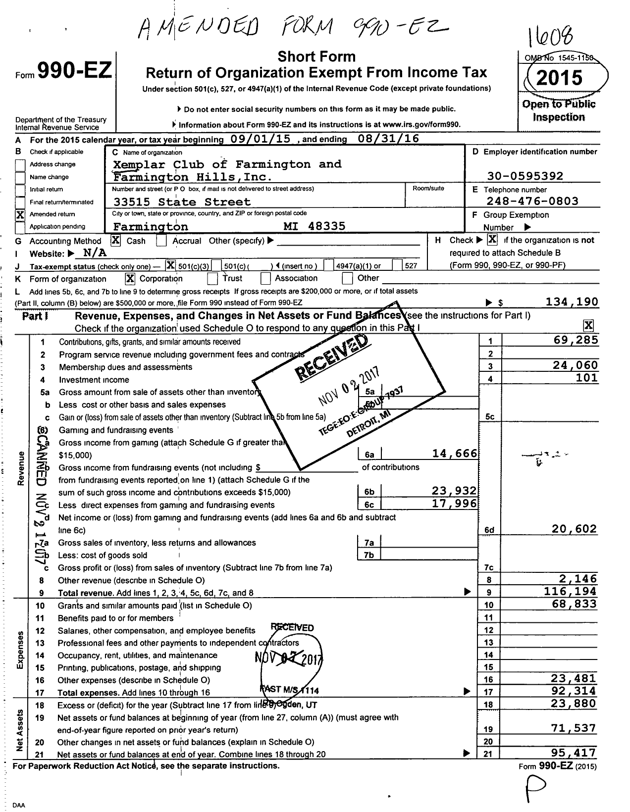 Image of first page of 2015 Form 990EZ for Xemplar Club of Farmington and Farmington Hills