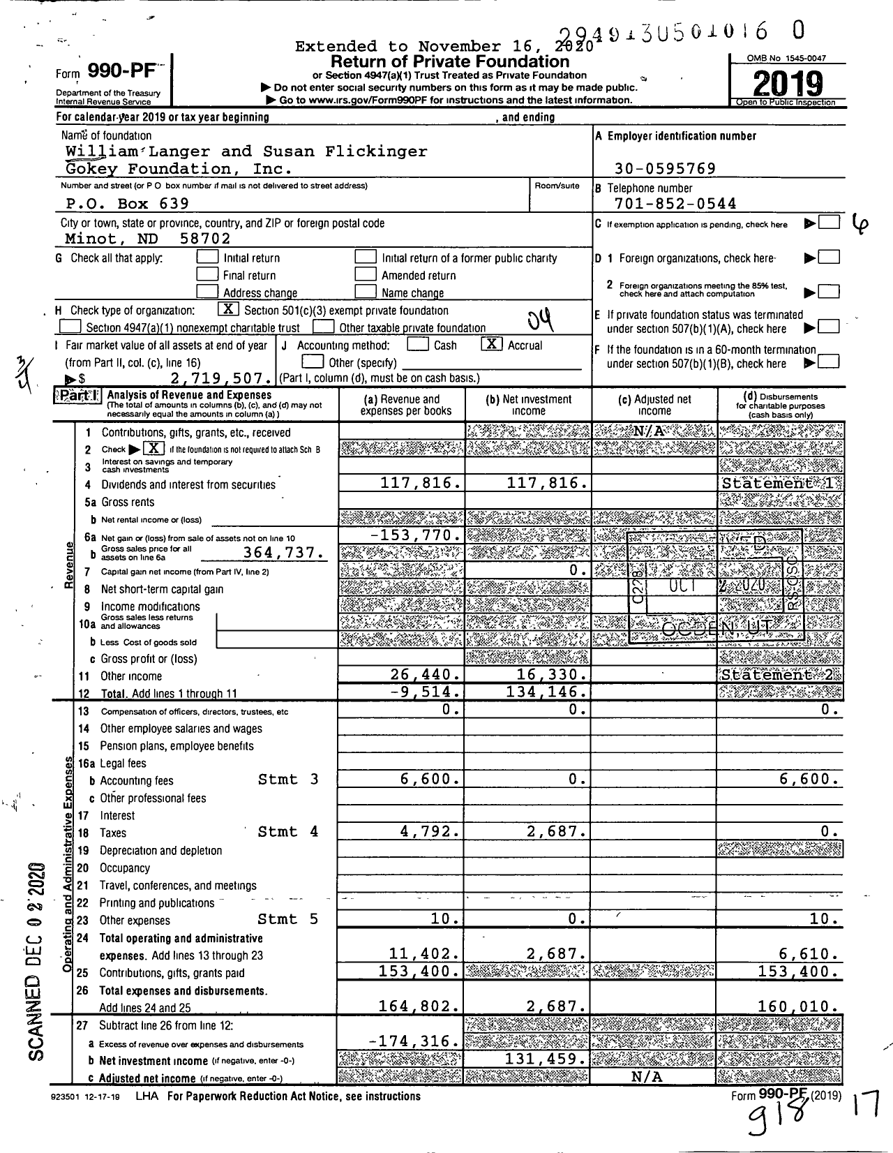 Image of first page of 2019 Form 990PF for William Langer and Susan Flickinger Gokey Foundation