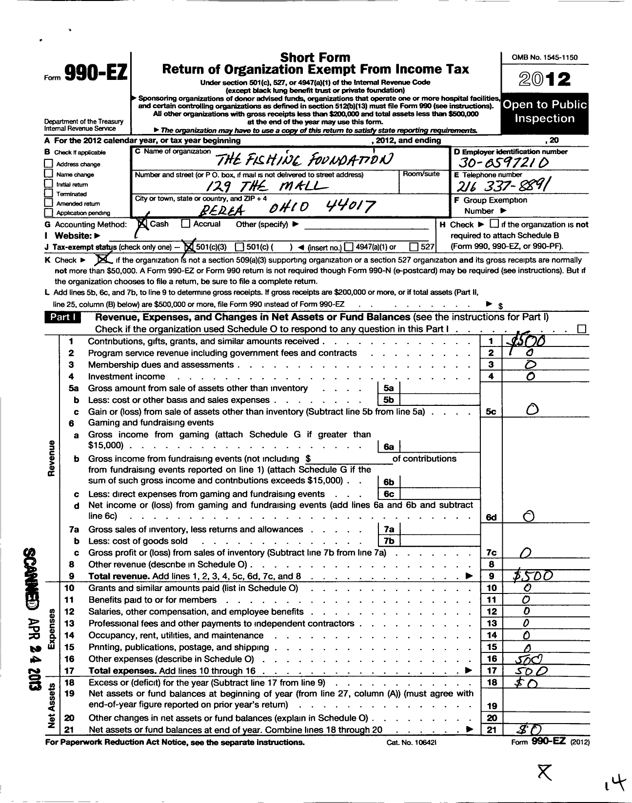 Image of first page of 2012 Form 990EZ for The Fishing Foundation