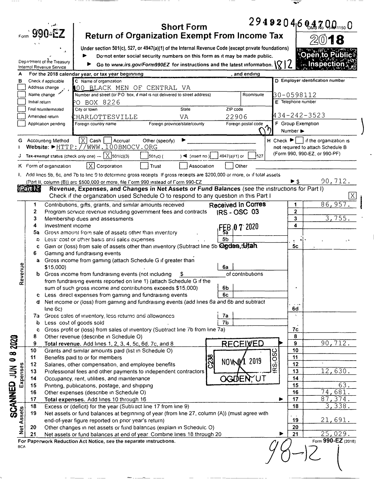 Image of first page of 2018 Form 990EZ for 100 Black Men of Central Virginia