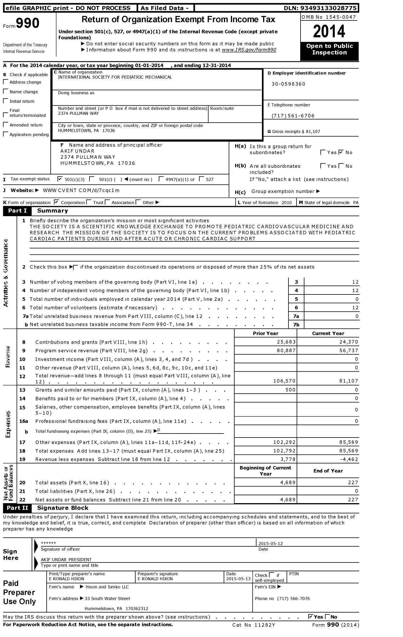 Image of first page of 2014 Form 990 for International Society for Pediatric Mechanical Circulatory Support