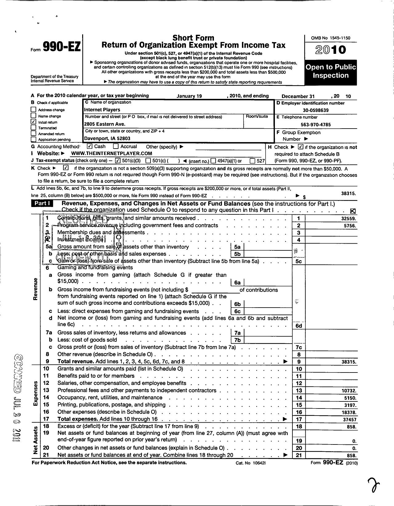 Image of first page of 2010 Form 990EZ for Internet Players