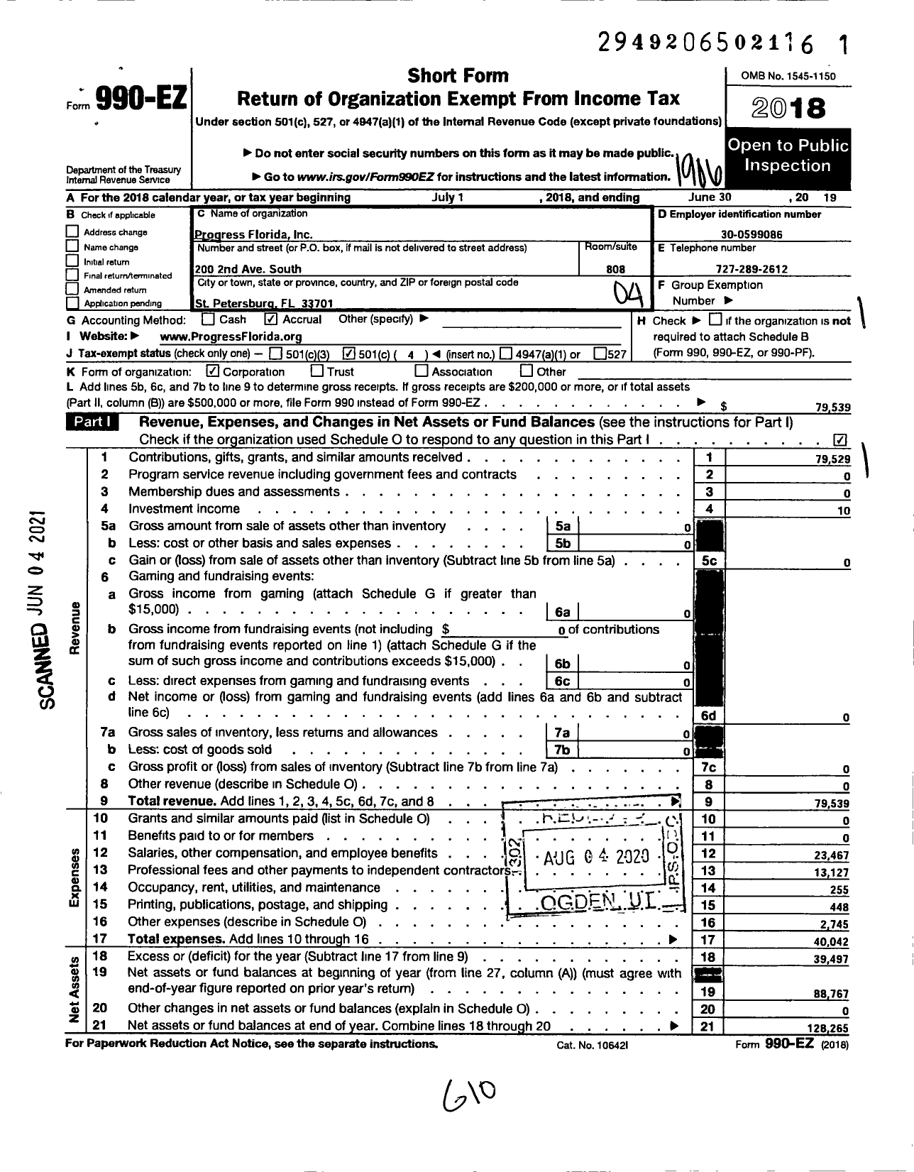 Image of first page of 2018 Form 990EO for Progress Florida