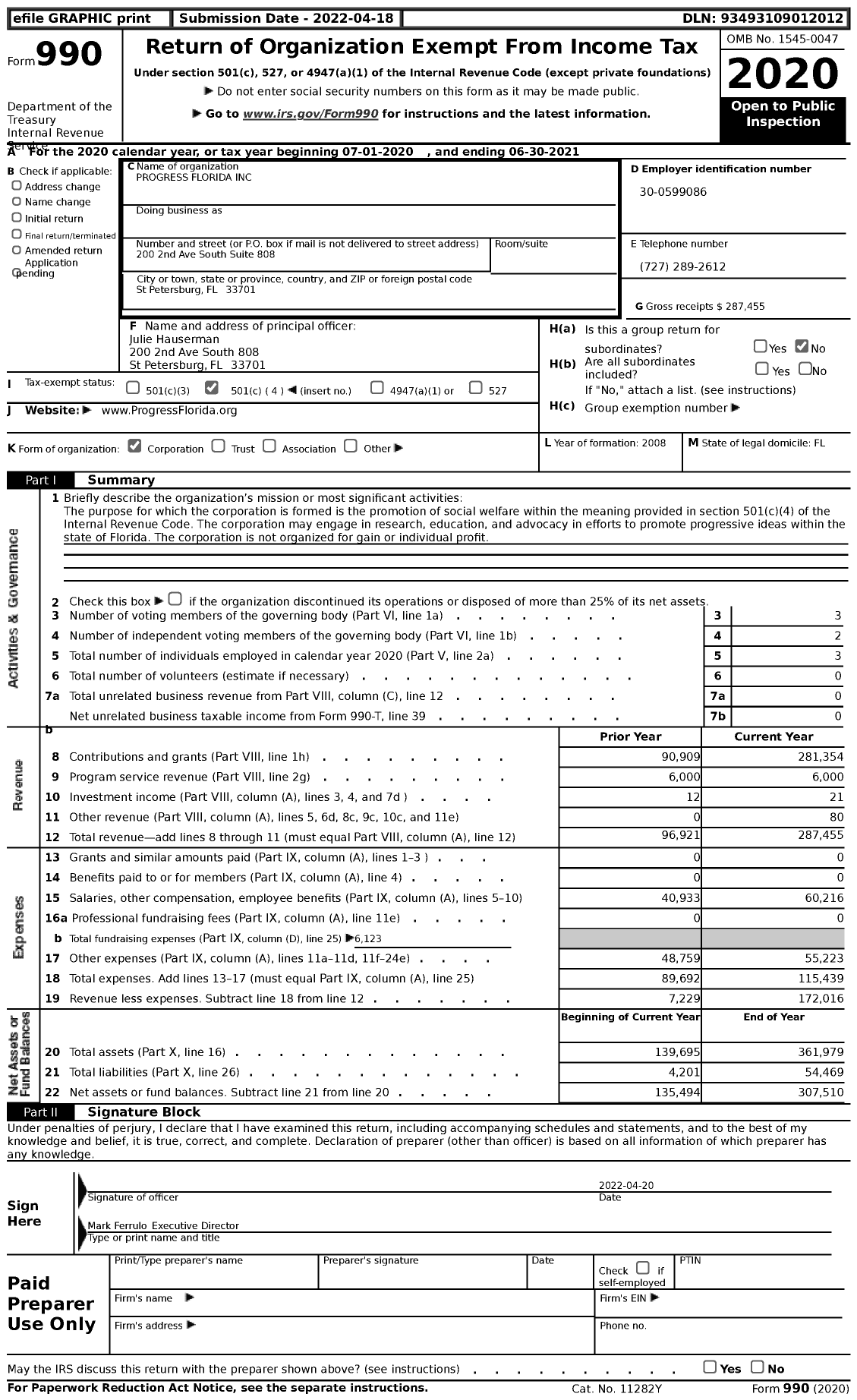 Image of first page of 2020 Form 990 for Progress Florida