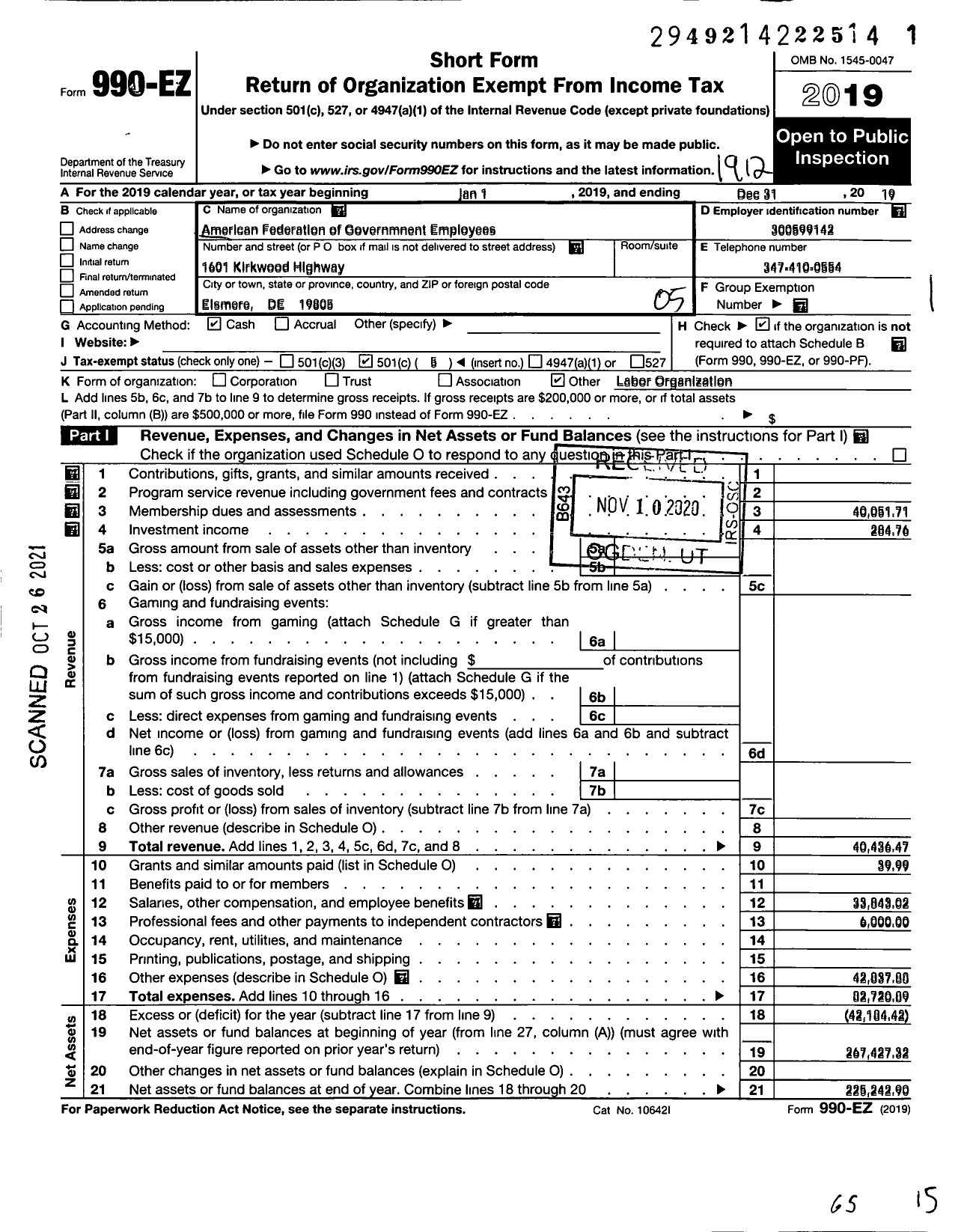 Image of first page of 2019 Form 990EO for American Federation of Government Employees - 342 Local