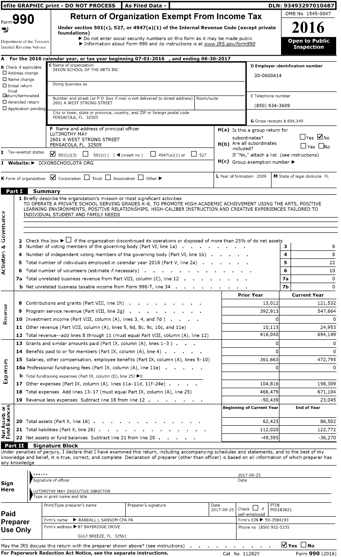 Image of first page of 2016 Form 990 for Dixon School of Arts and Sciences