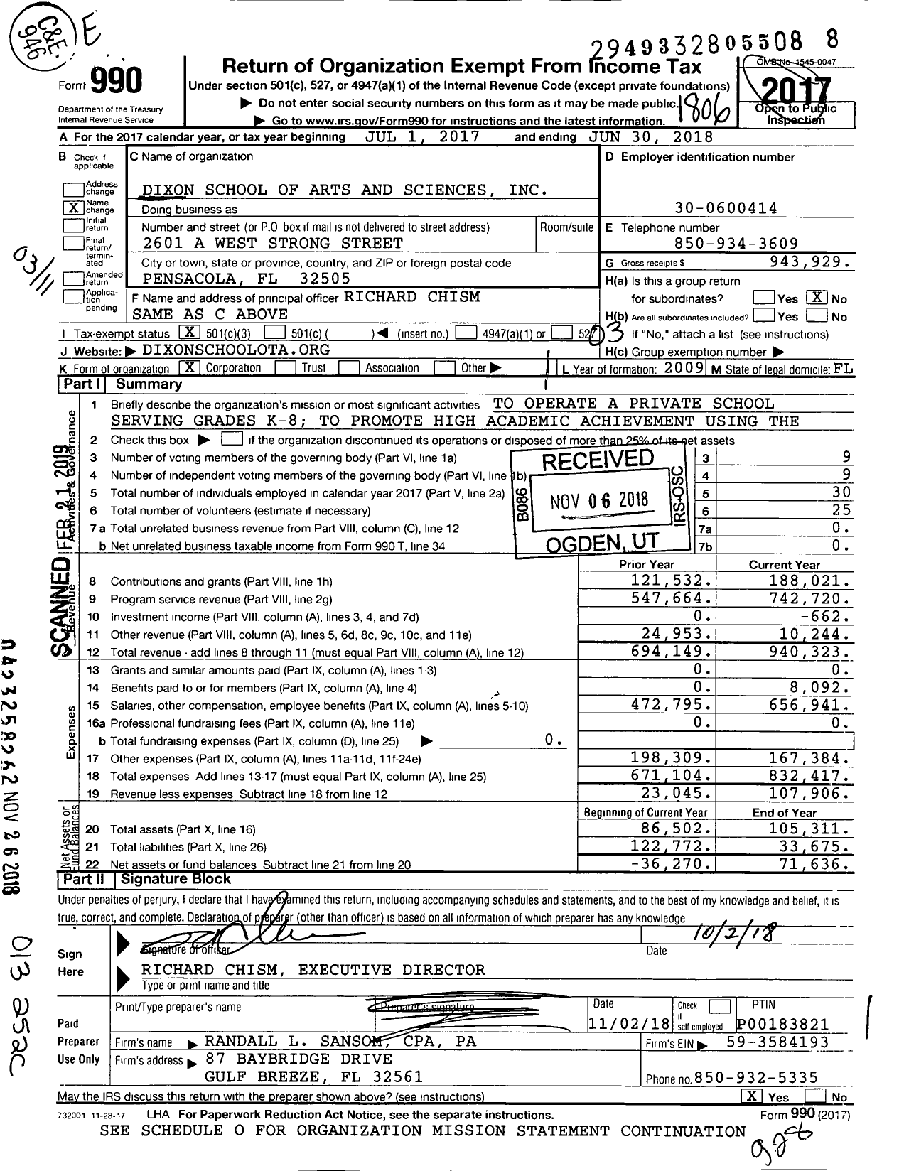 Image of first page of 2017 Form 990 for Dixon School for the Arts and Sciences