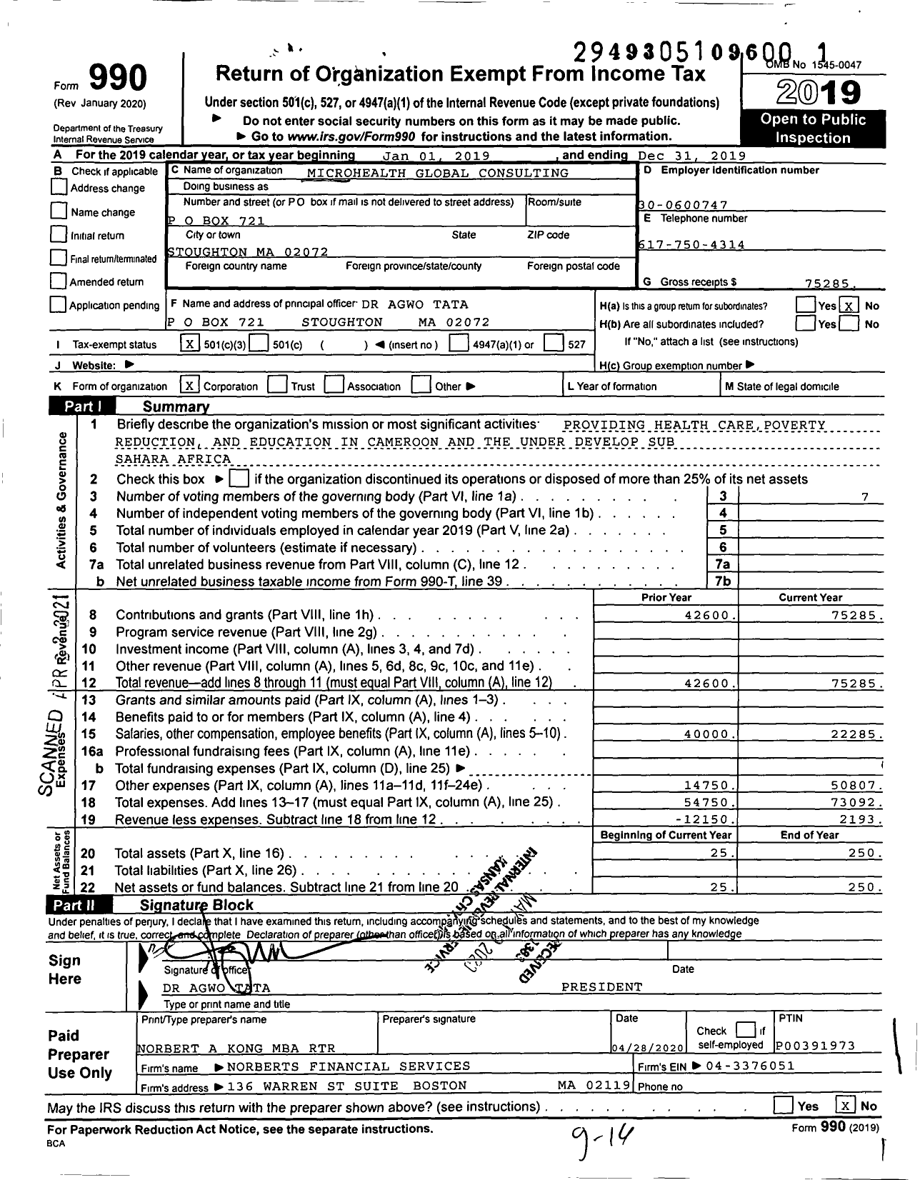 Image of first page of 2019 Form 990 for Microhealth Global Consulting