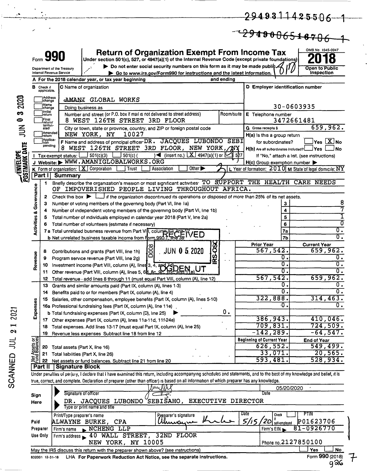 Image of first page of 2018 Form 990O for Amani Global Works