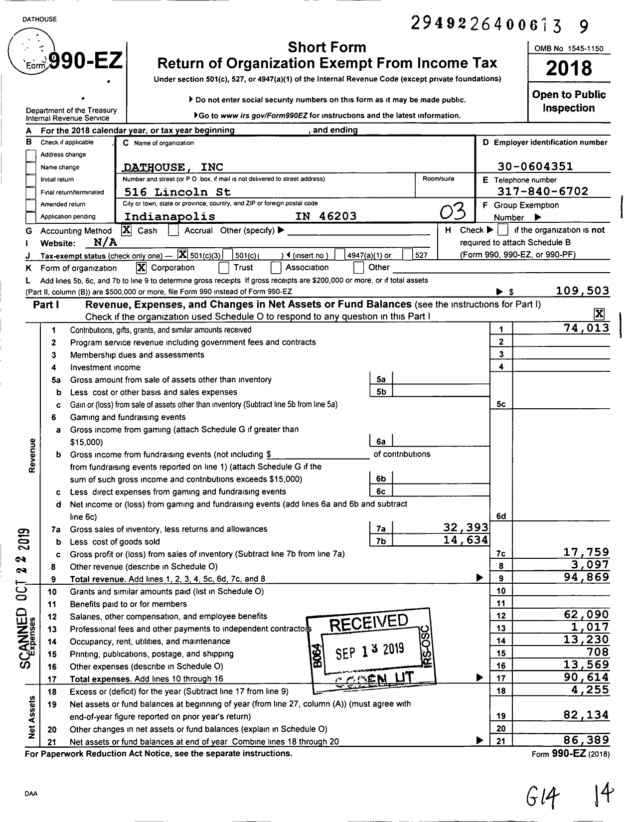 Image of first page of 2018 Form 990EZ for Dathouse