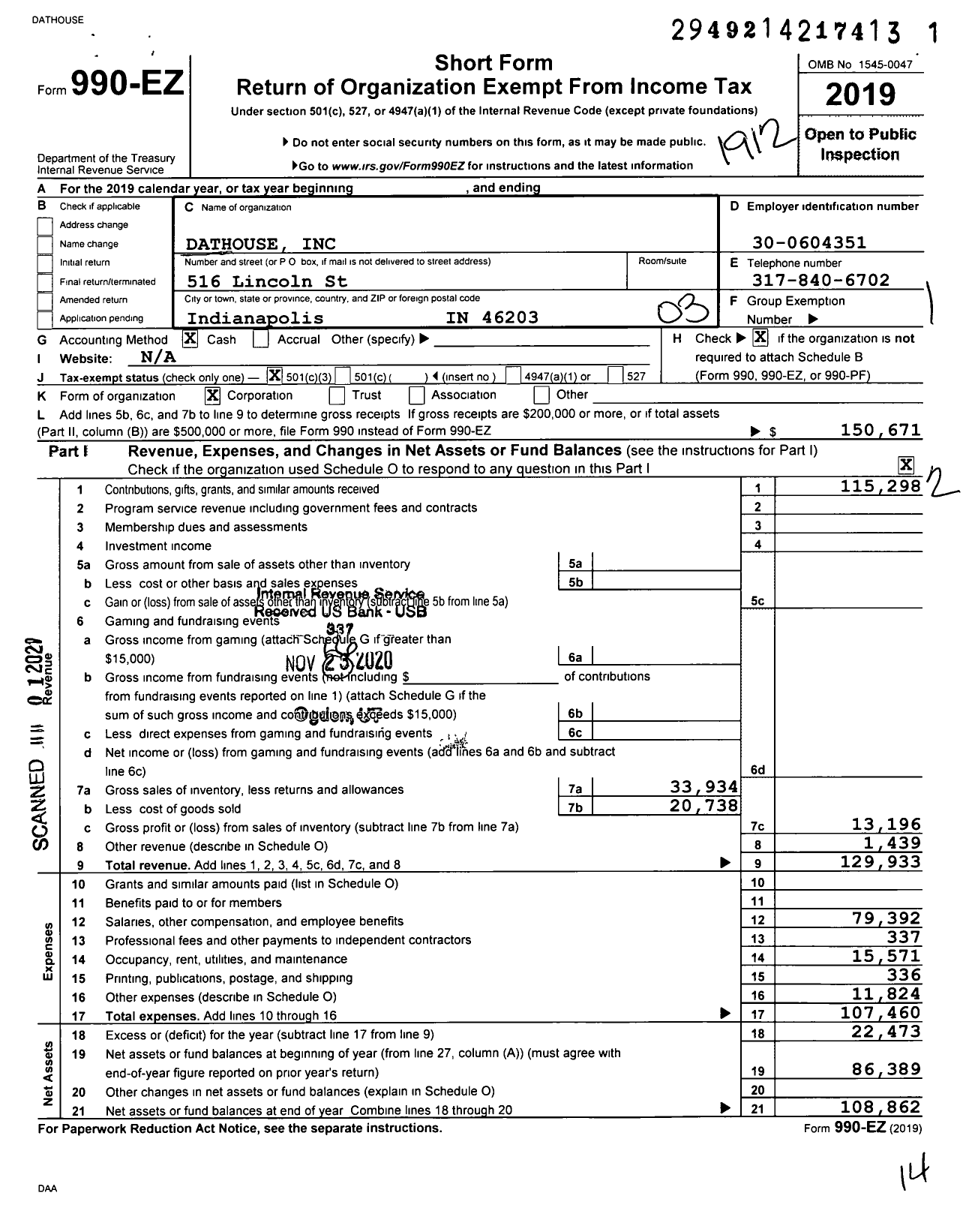 Image of first page of 2019 Form 990EZ for Dathouse