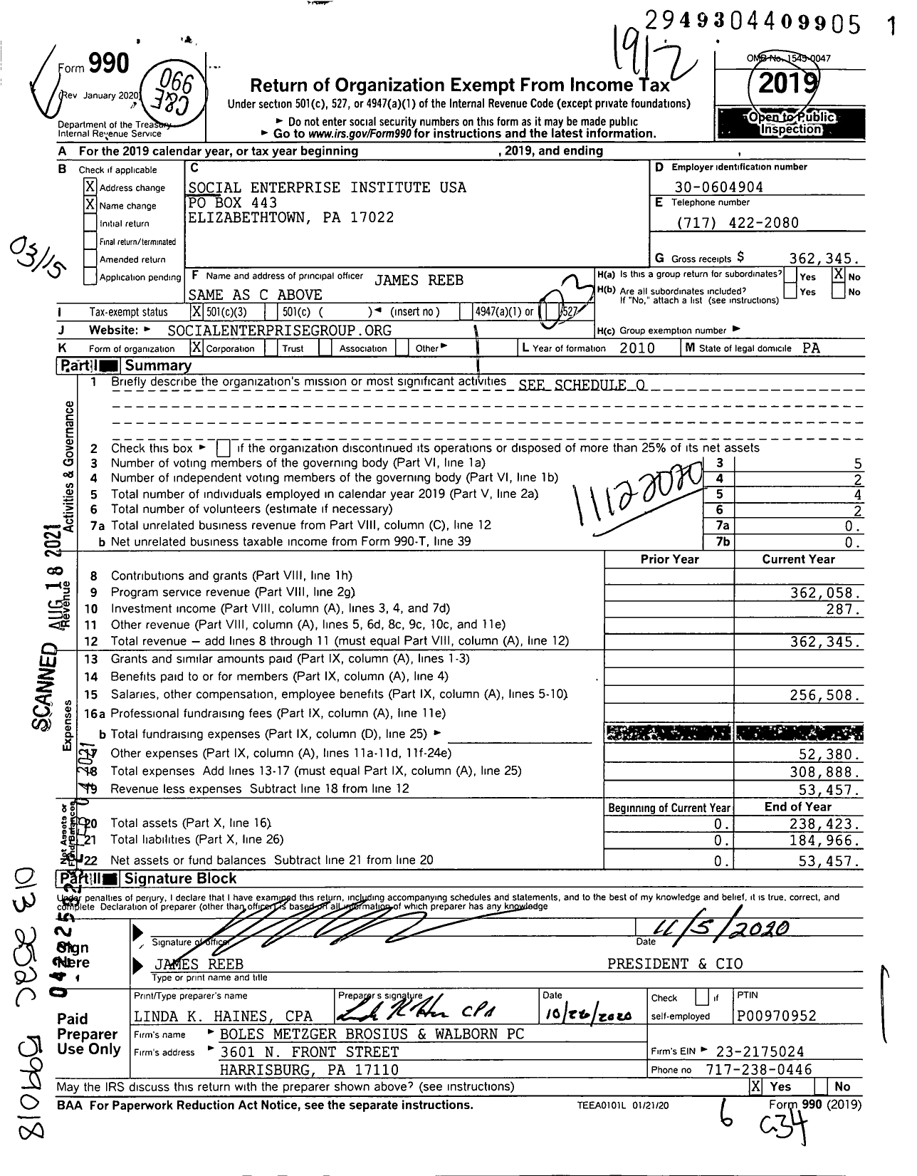 Image of first page of 2019 Form 990 for Social Enterprise Institute USA
