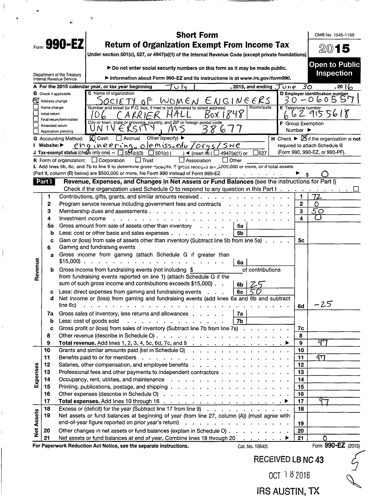 Image of first page of 2015 Form 990EO for Society of Women Engineers / University of Mississippi