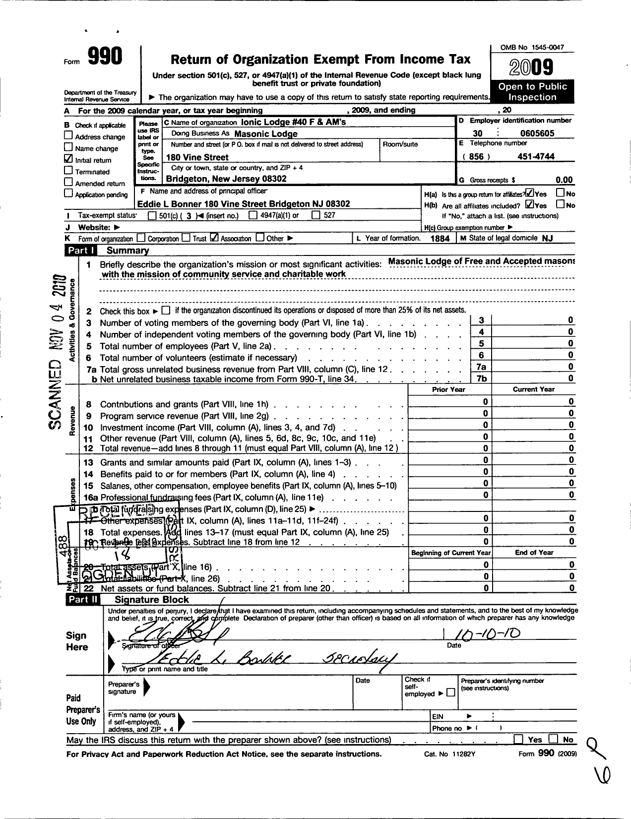 Image of first page of 2009 Form 990 for Ionic Lodge 40 Free and Accepted Masons