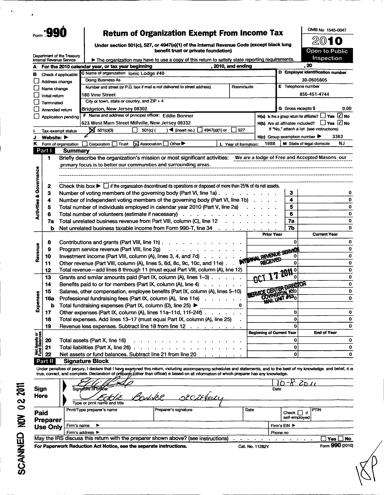 Image of first page of 2010 Form 990 for Ionic Lodge 40 Free and Accepted Masons