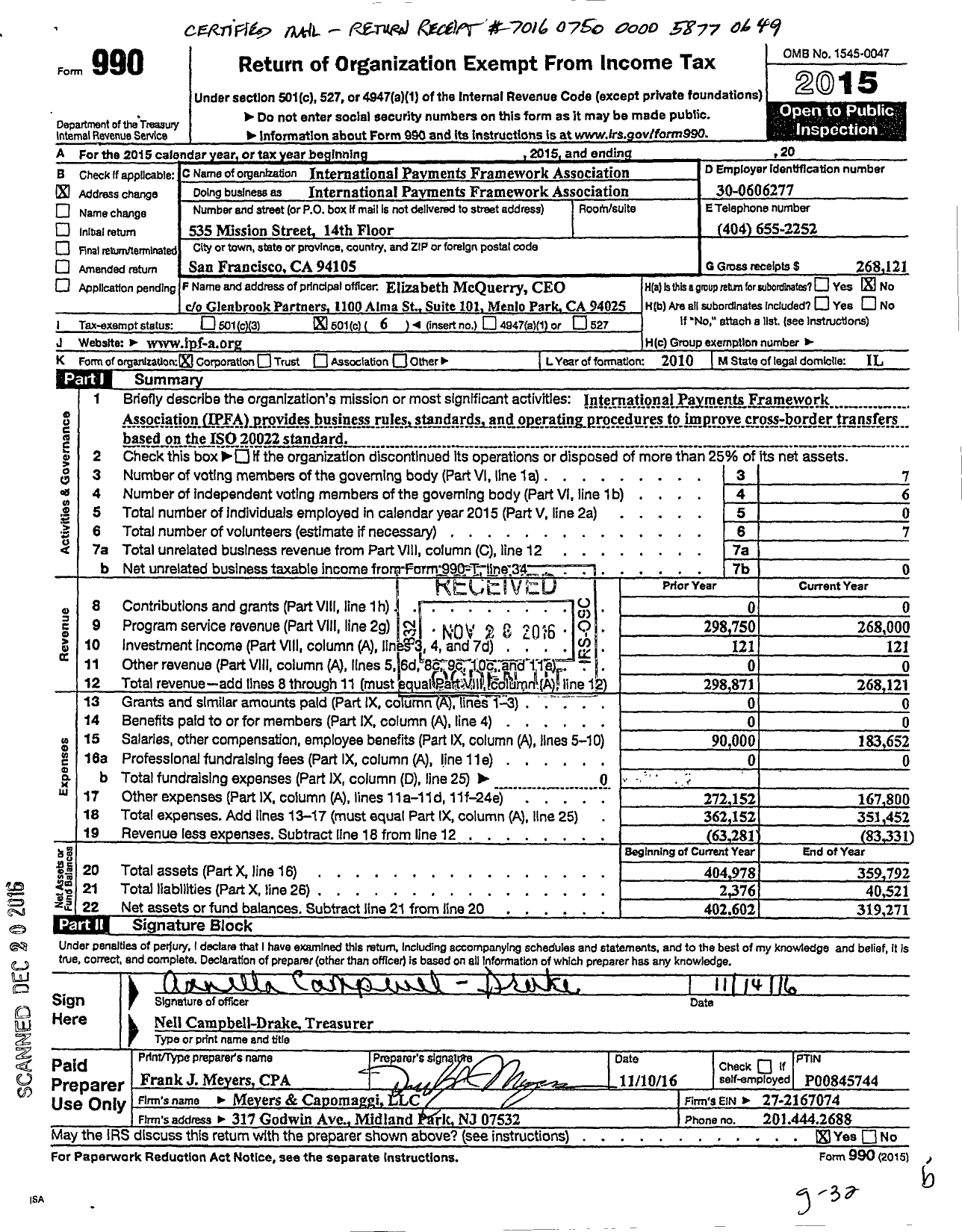 Image of first page of 2015 Form 990O for International Payments Framework