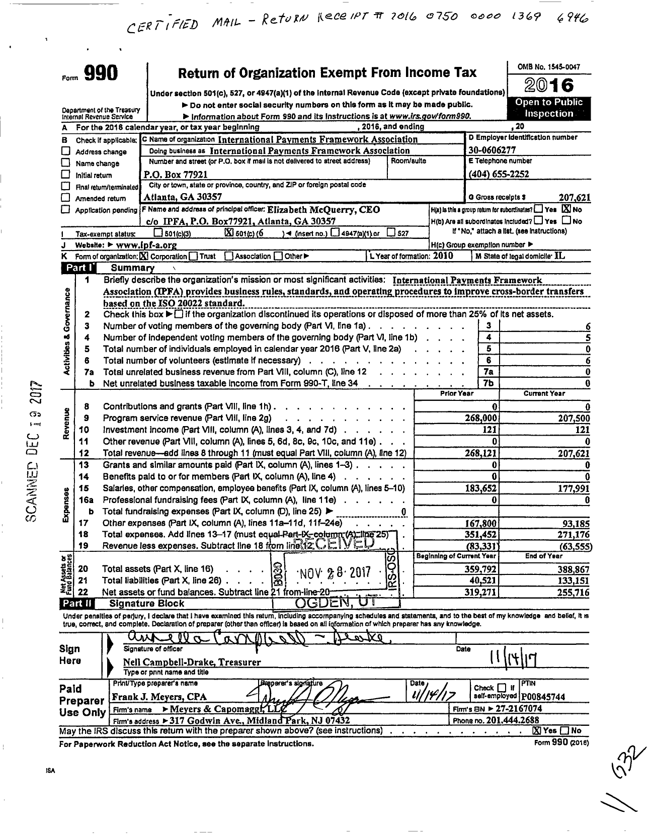 Image of first page of 2016 Form 990O for International Payments Framework