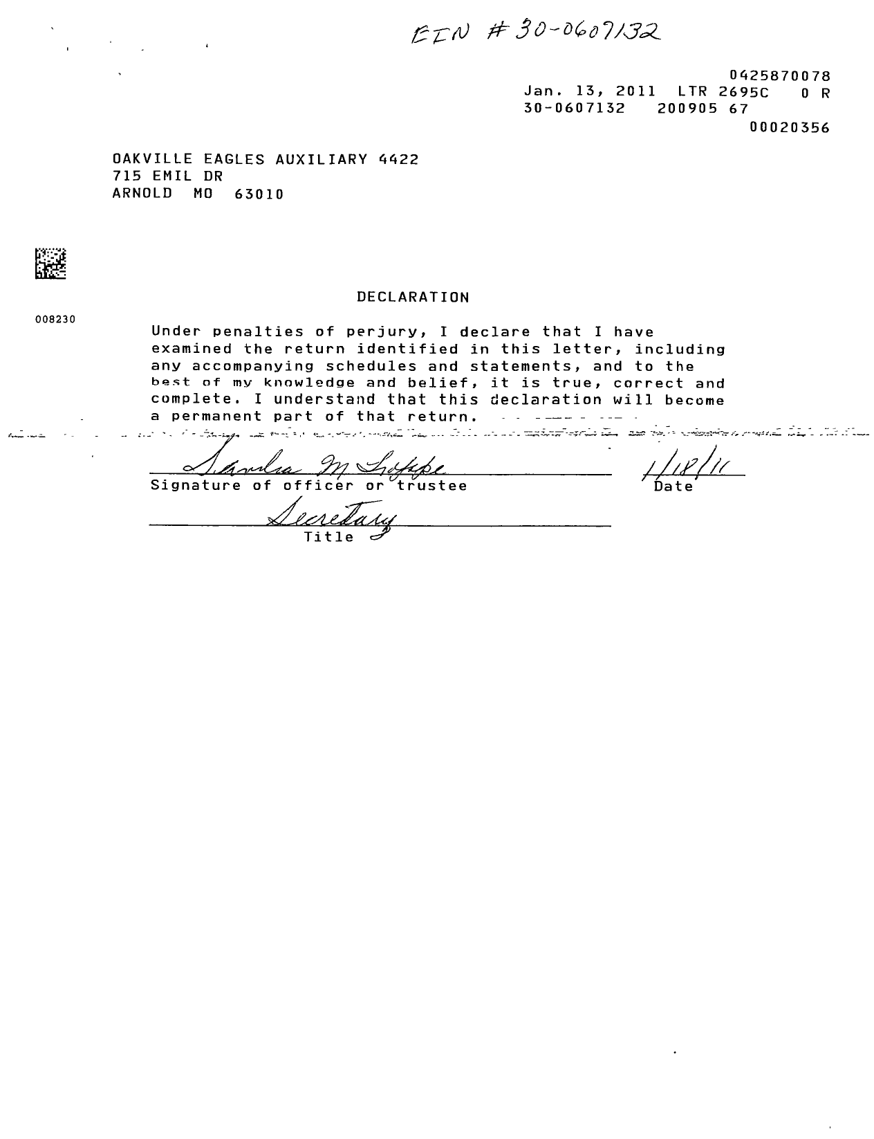 Image of first page of 2008 Form 990EOR for Fraternal Order of Eagles - 4422 Aux