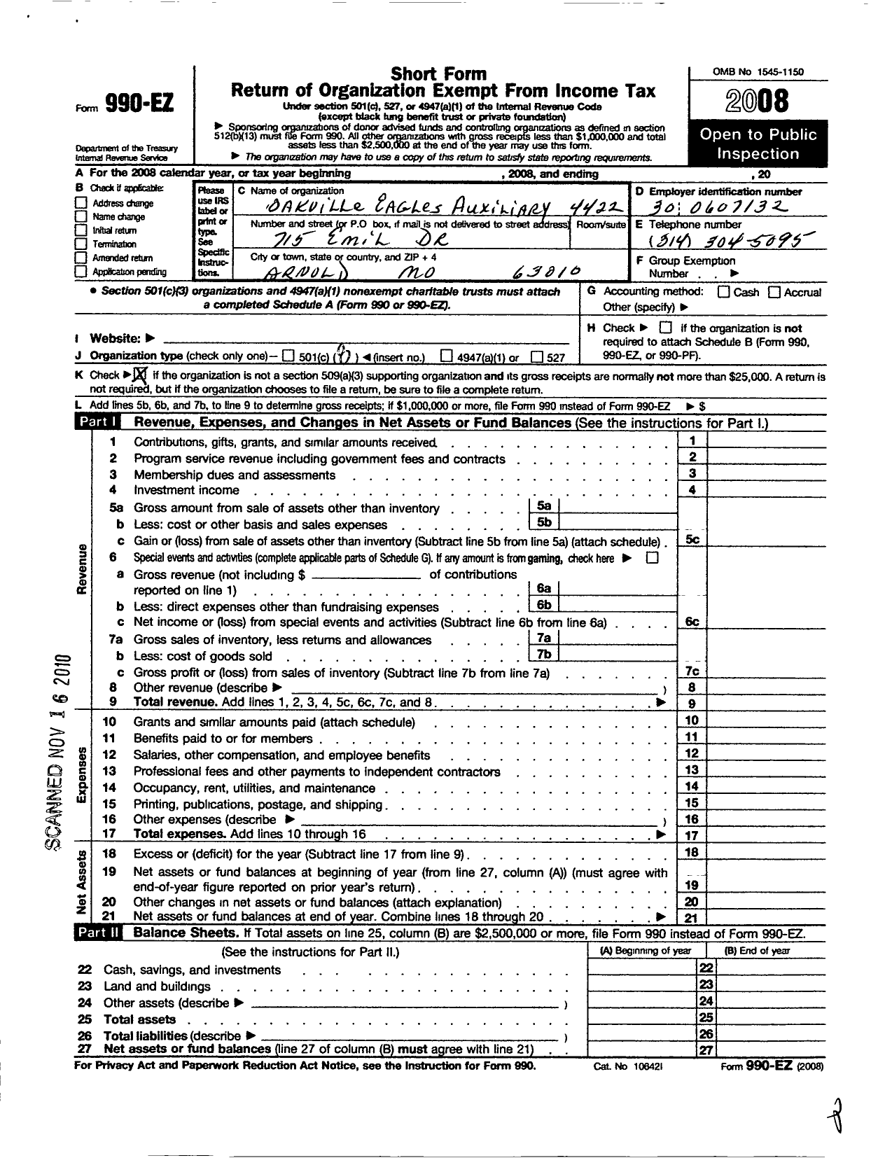 Image of first page of 2008 Form 990EO for Fraternal Order of Eagles - 4422 Aux