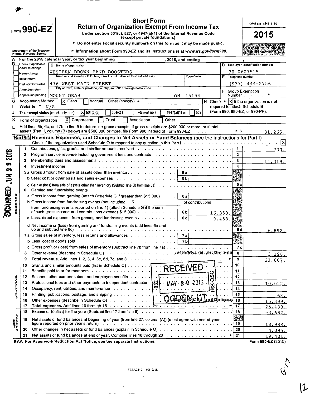 Image of first page of 2015 Form 990EZ for Parent Booster USA / Western Brown Band Boosters