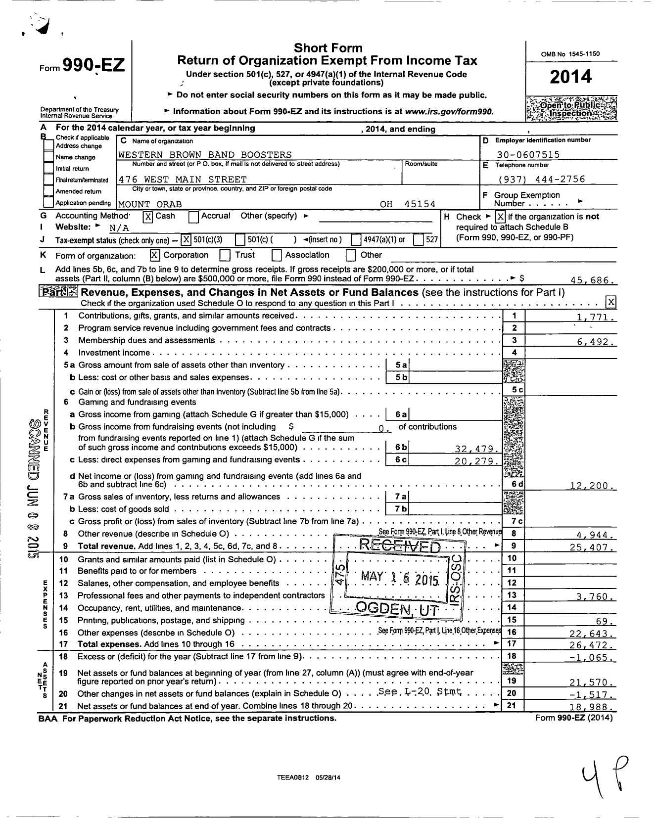 Image of first page of 2014 Form 990EZ for Parent Booster USA / Western Brown Band Boosters