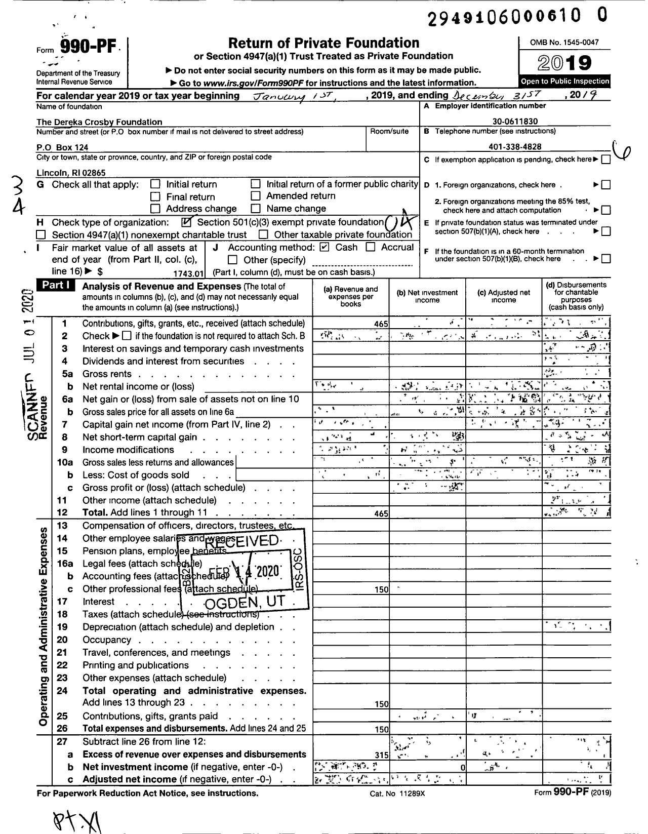 Image of first page of 2019 Form 990PR for Dereka Crosby Foundation