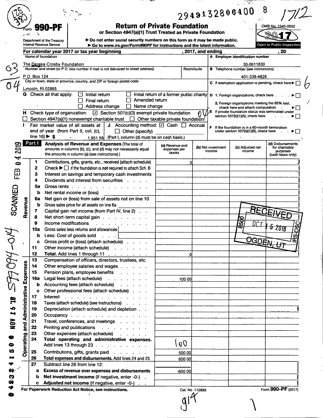 Image of first page of 2017 Form 990PF for Dereka Crosby Foundation