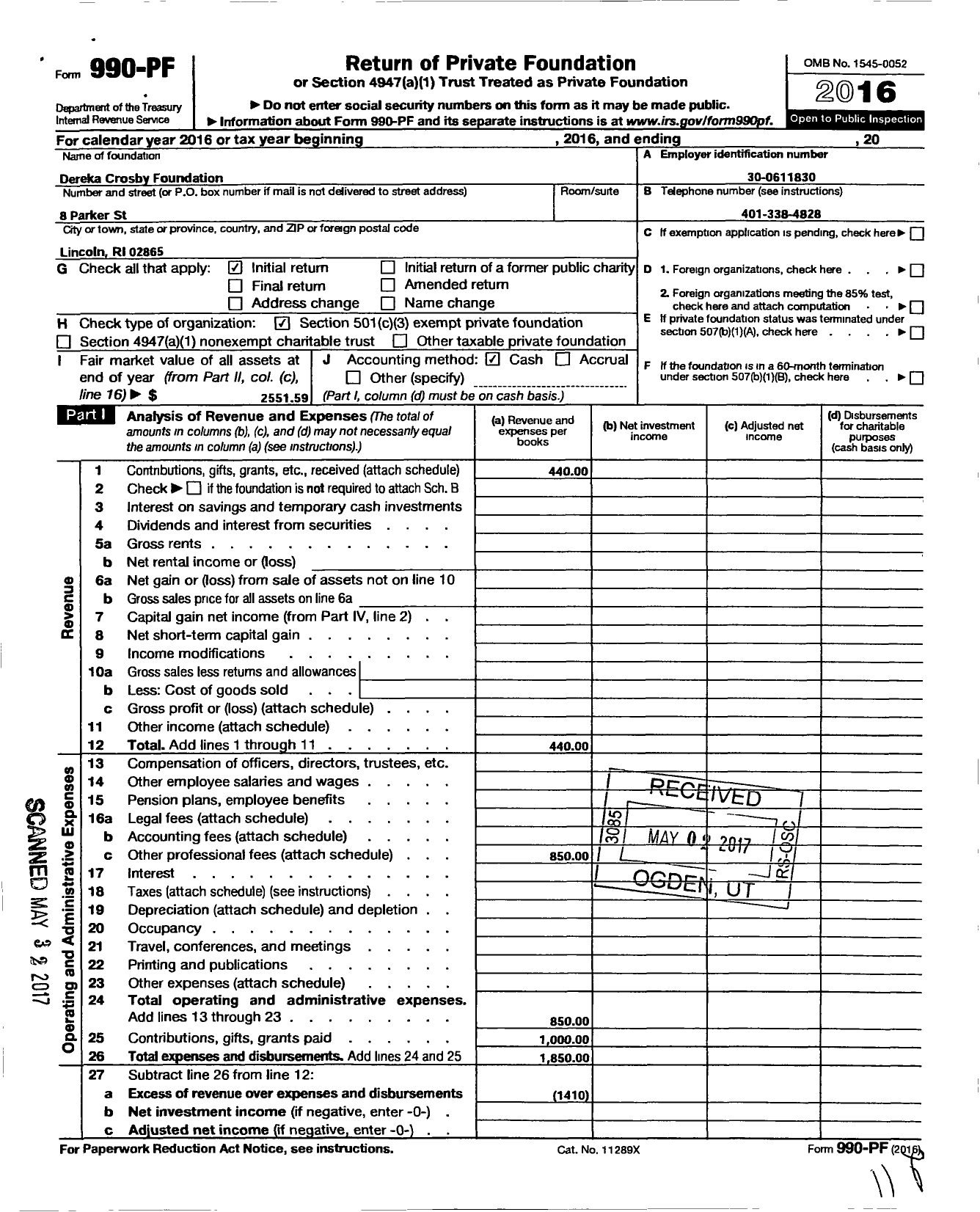 Image of first page of 2016 Form 990PF for Dereka Crosby Foundation