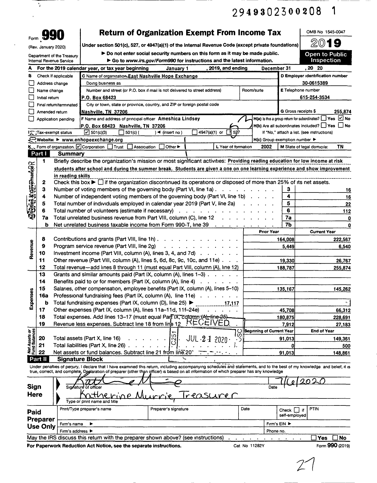 Image of first page of 2019 Form 990 for East Nashville Hope Exchange