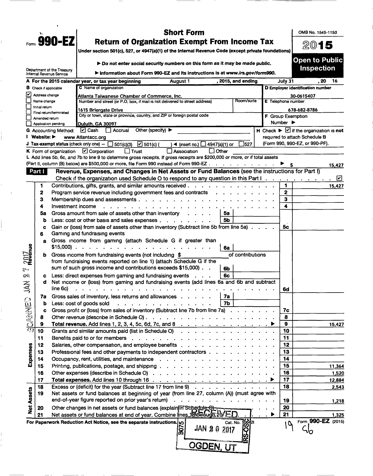 Image of first page of 2015 Form 990EO for Atlanta Taiwanese Chamber of Commerce