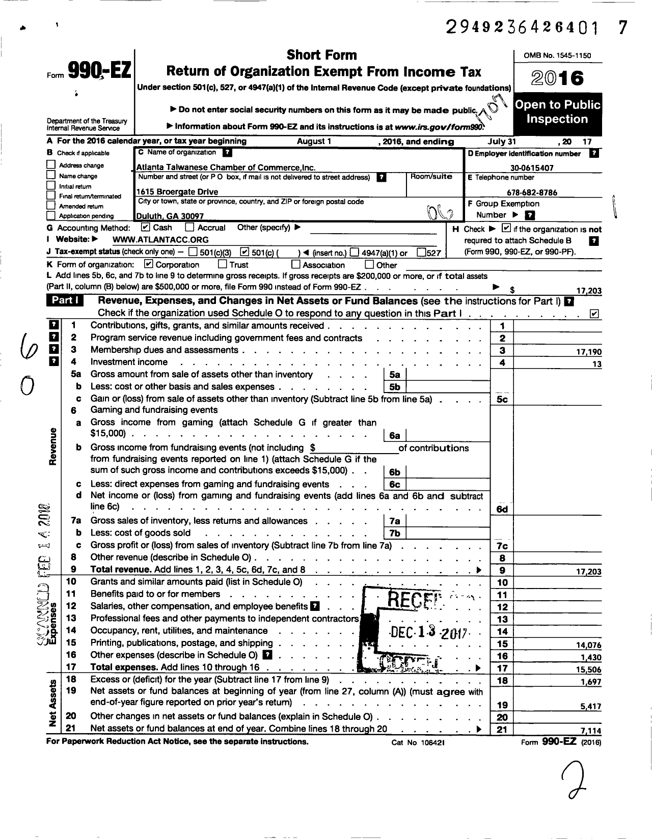 Image of first page of 2016 Form 990EO for Atlanta Taiwanese Chamber of Commerce