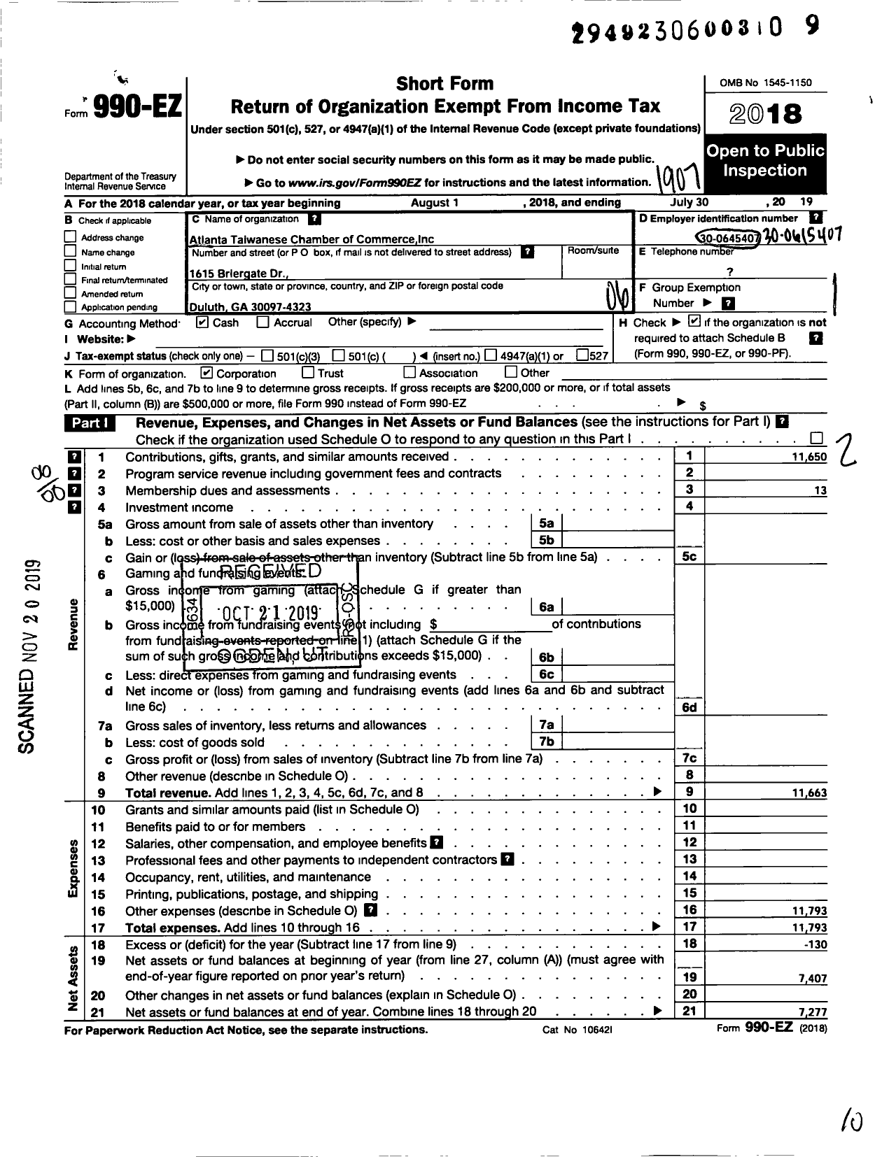 Image of first page of 2018 Form 990EO for Atlanta Taiwanese Chamber of Commerce