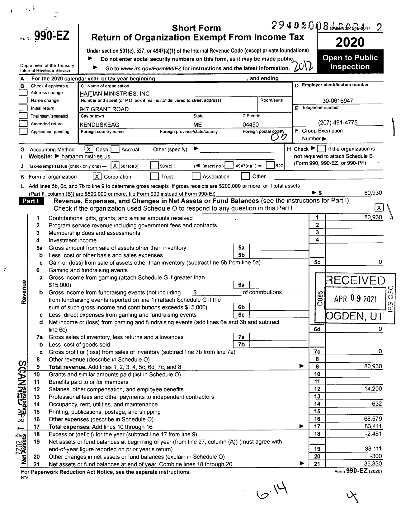 Image of first page of 2020 Form 990EZ for Haitian Ministries