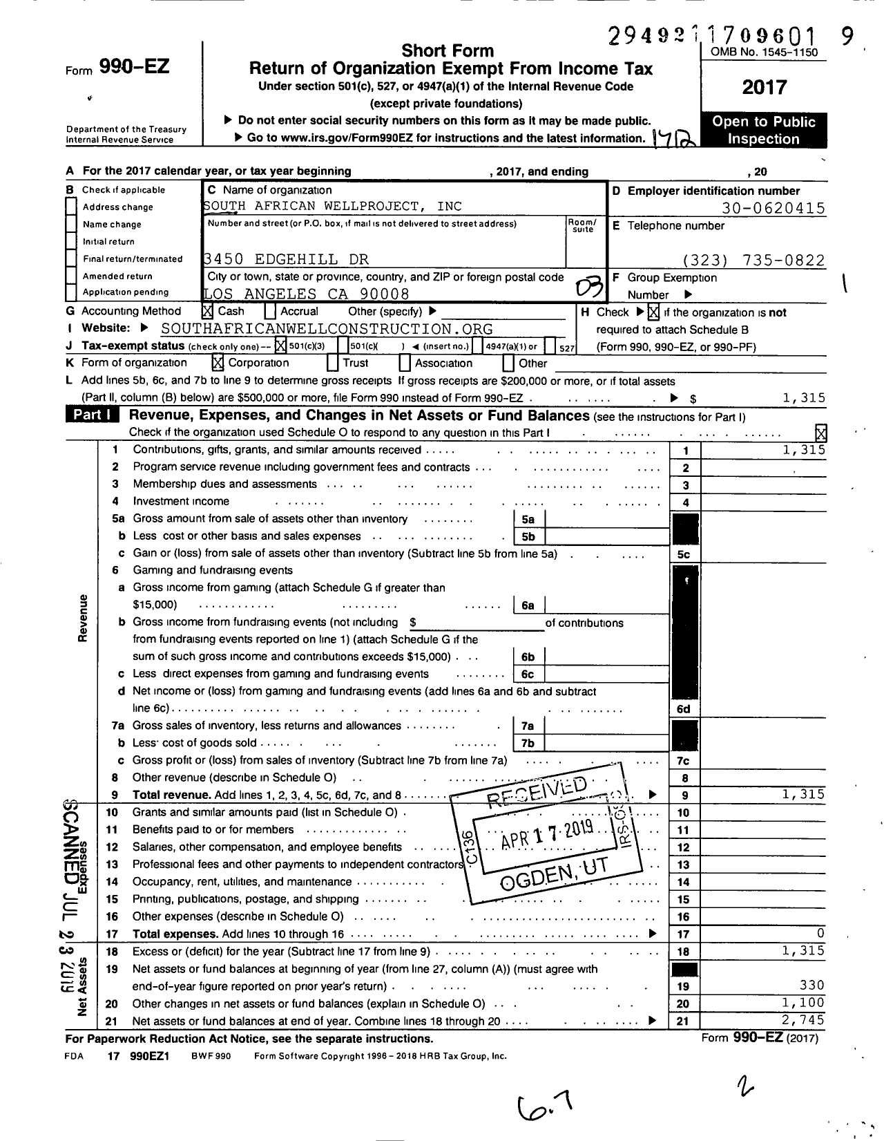 Image of first page of 2017 Form 990EZ for South African Well Project