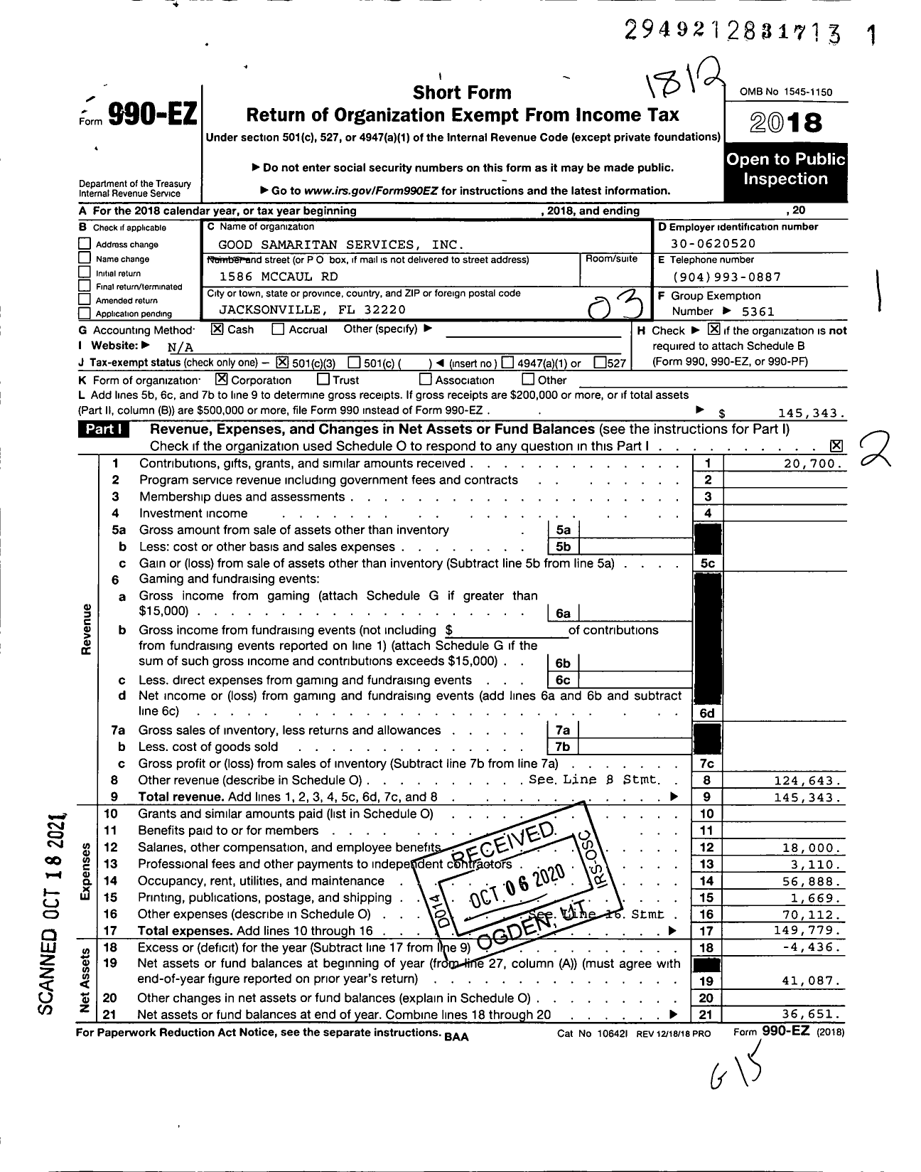 Image of first page of 2018 Form 990EZ for Good Samaritan Services