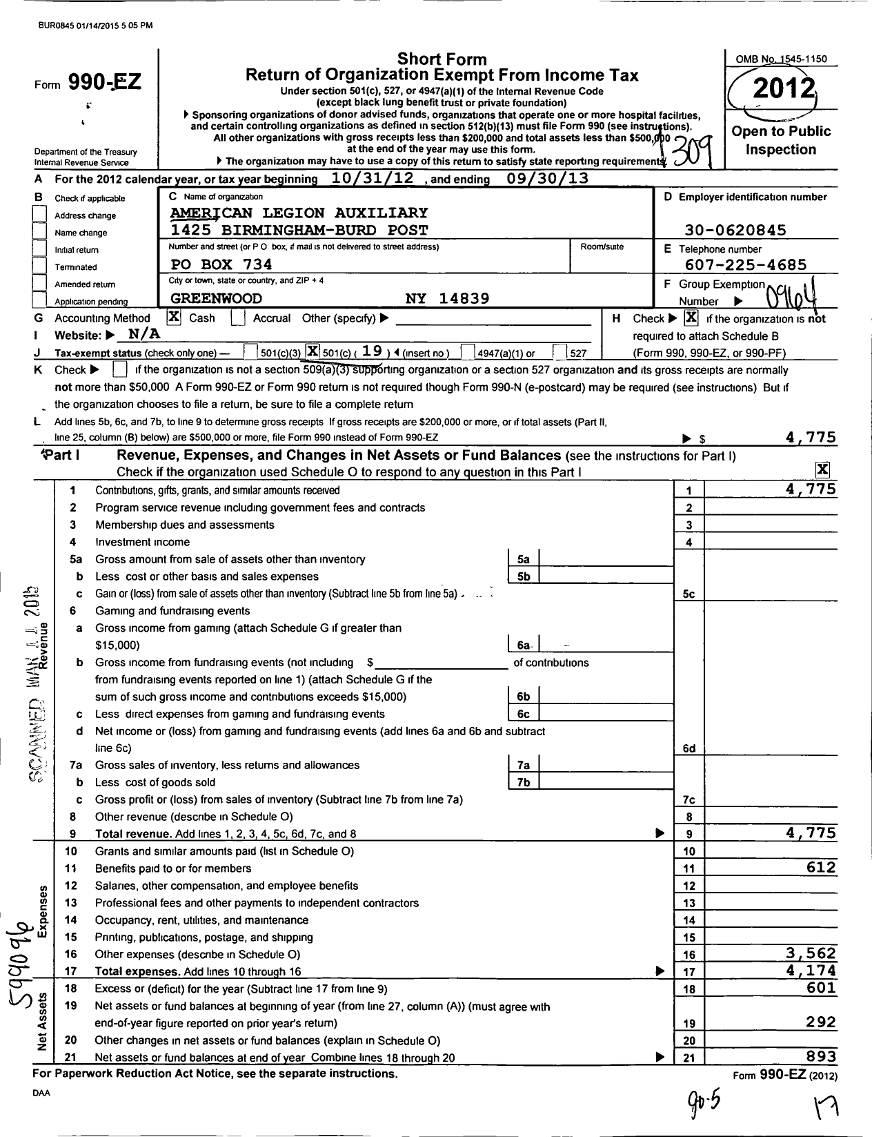 Image of first page of 2012 Form 990EO for American Legion Auxiliary - 1425 Birmingham-Burd