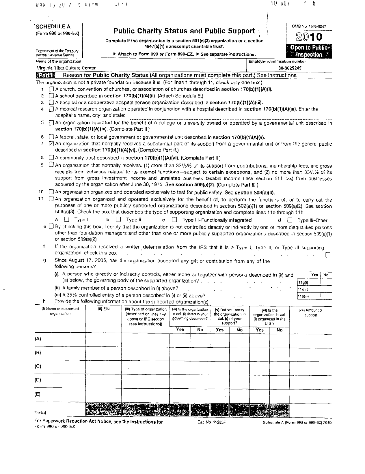 Image of first page of 2010 Form 990ER for Virginia Tibet Culture Center