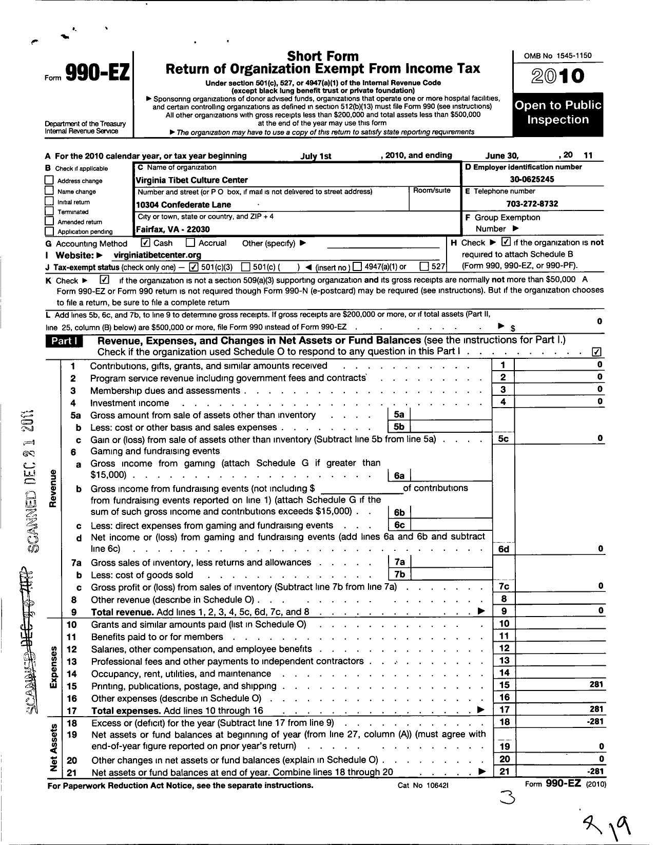 Image of first page of 2010 Form 990EZ for Virginia Tibet Culture Center