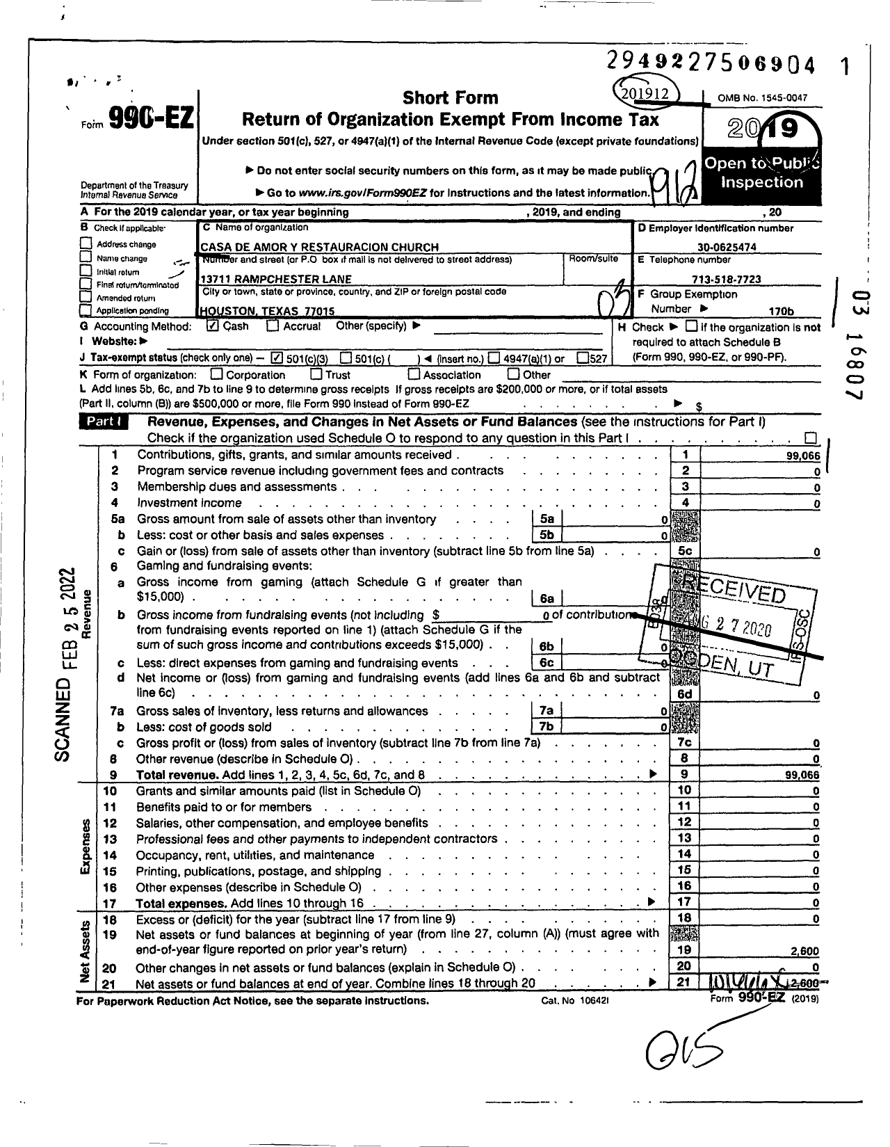 Image of first page of 2019 Form 990EZ for Casa de Amor Y Restauracion