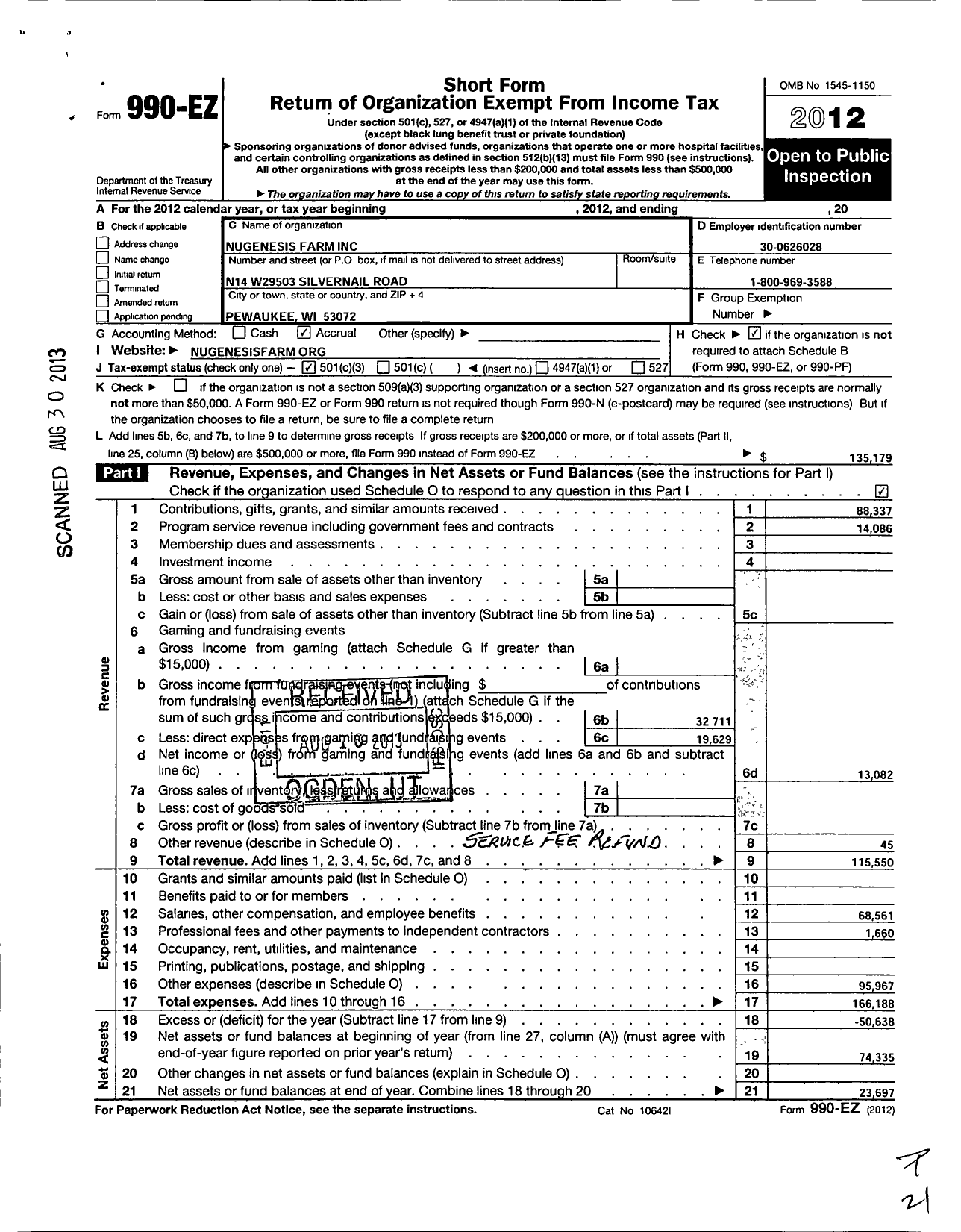 Image of first page of 2012 Form 990EZ for NuGenesis Farm