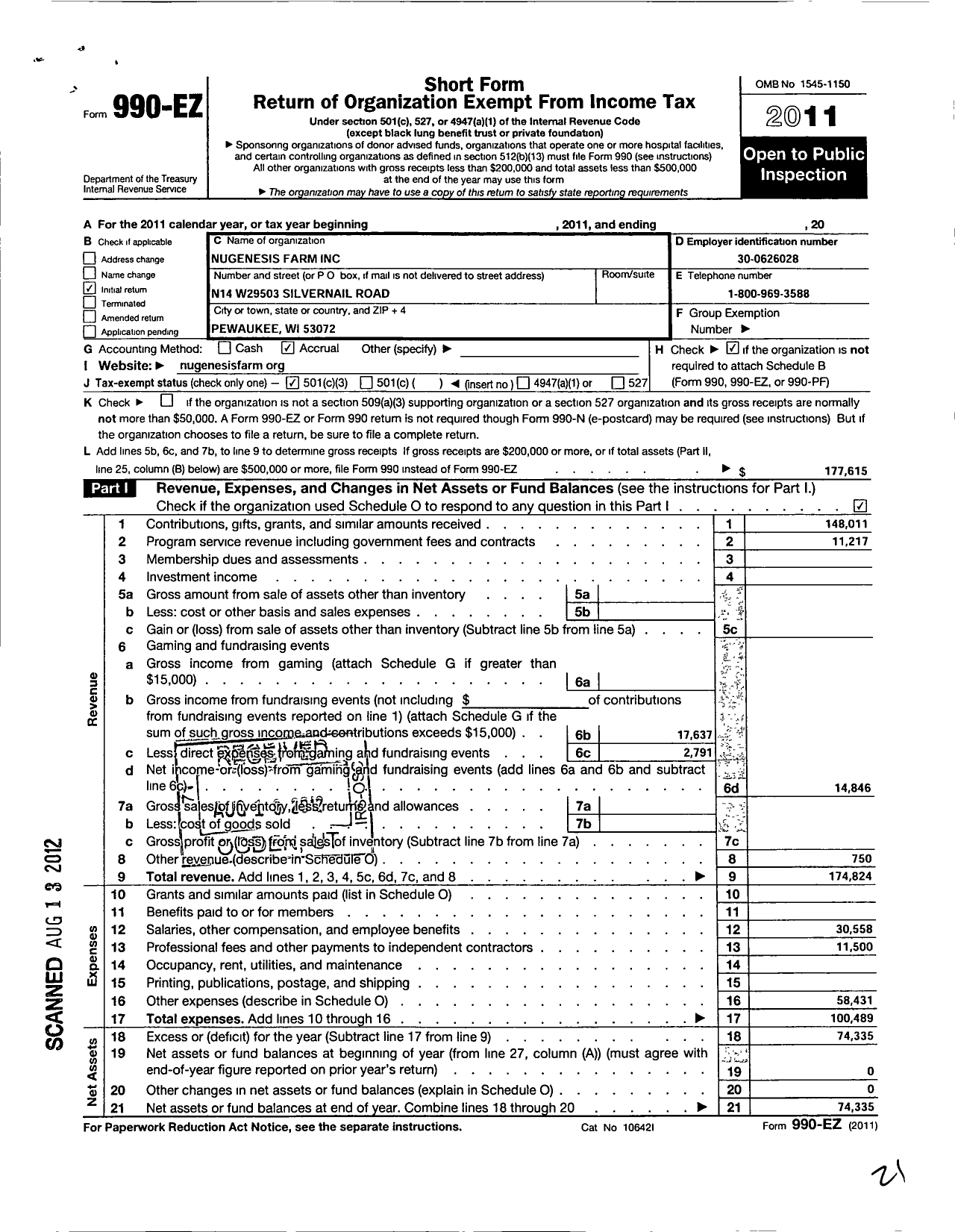 Image of first page of 2011 Form 990EZ for NuGenesis Farm