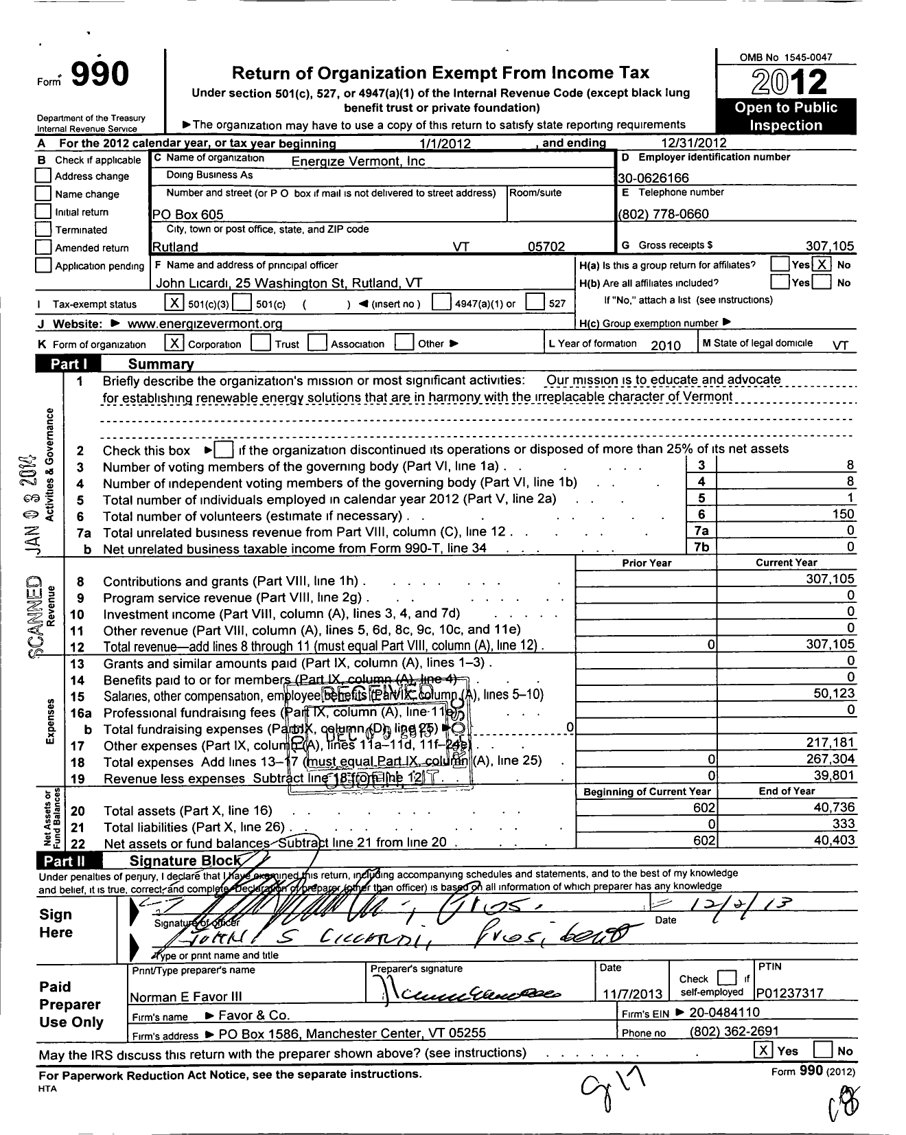 Image of first page of 2012 Form 990 for Energize Vermont