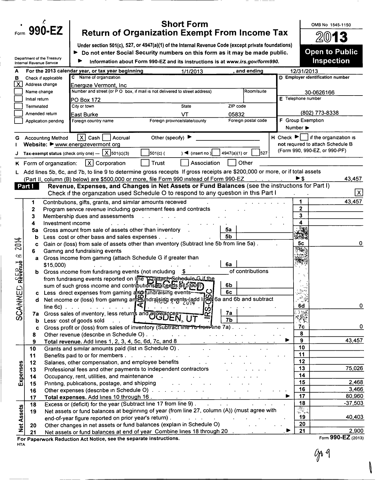 Image of first page of 2013 Form 990EZ for Energize Vermont