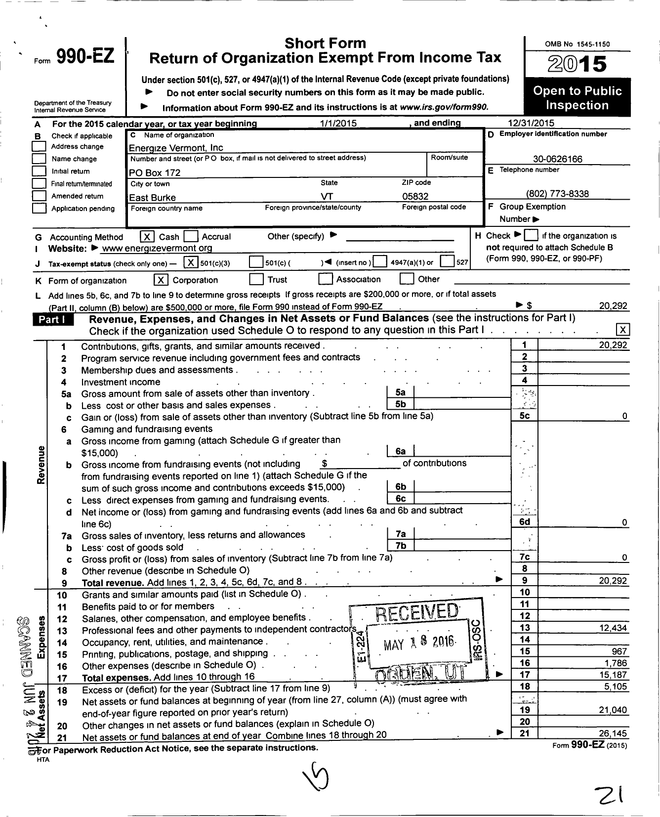 Image of first page of 2015 Form 990EZ for Energize Vermont