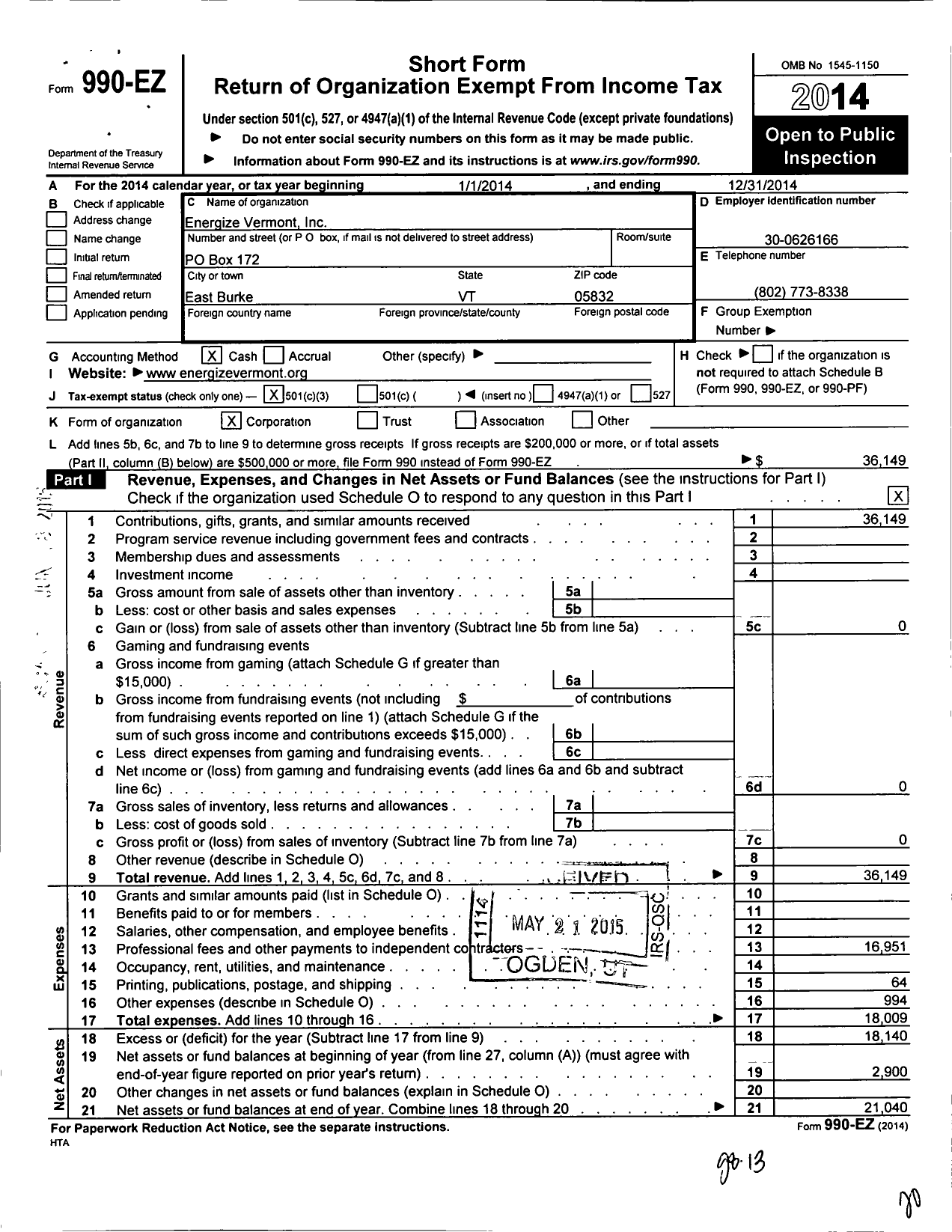 Image of first page of 2014 Form 990EZ for Energize Vermont