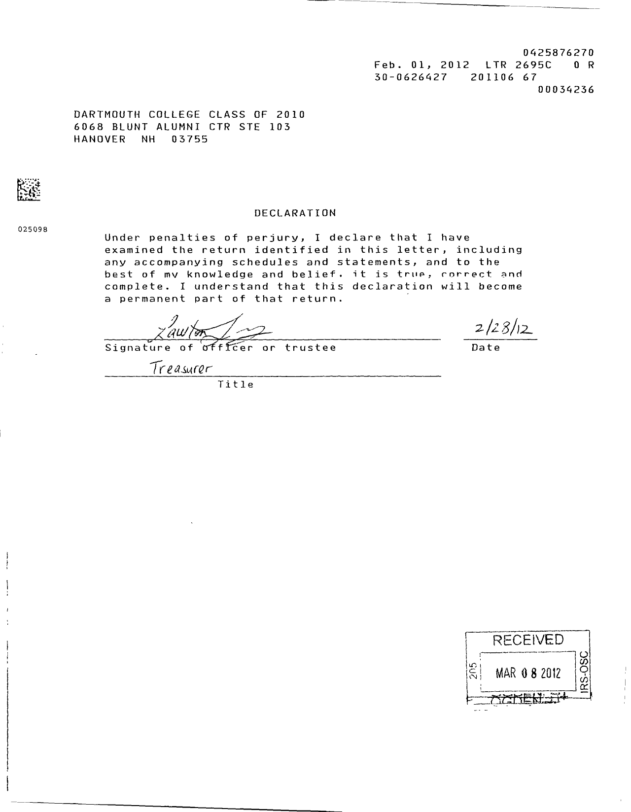 Image of first page of 2010 Form 990ER for Trustees of Dartmouth College - Dartmouth College Class of 2010