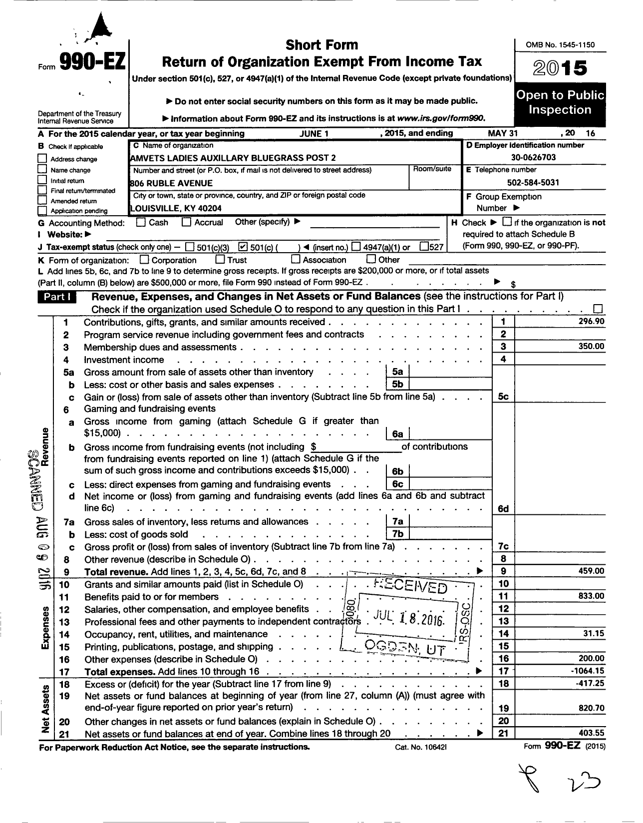 Image of first page of 2015 Form 990EO for Amvets Ladies Auxiliary Bluegrass Post 2