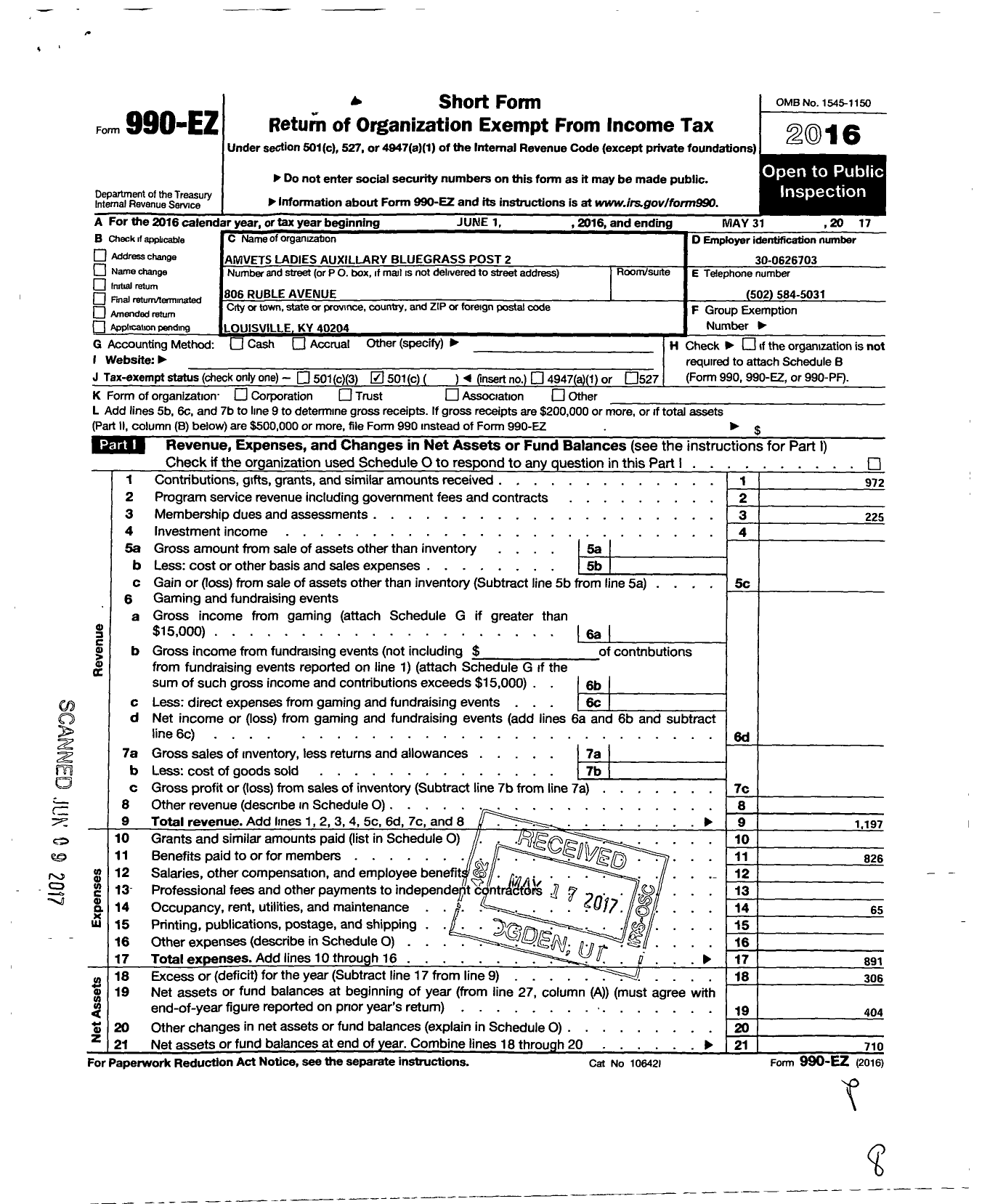 Image of first page of 2016 Form 990EO for Amvets Ladies Auxiliary Bluegrass Post 2