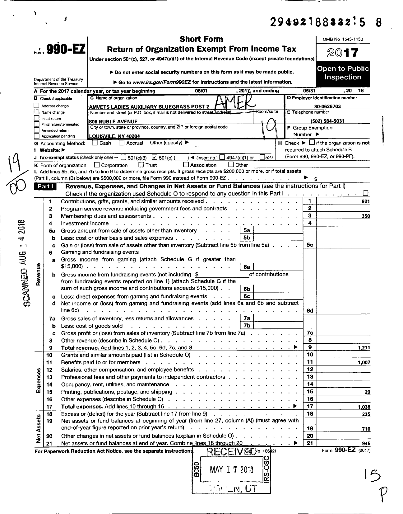 Image of first page of 2017 Form 990EO for Amvets Ladies Auxiliary Bluegrass Post 2